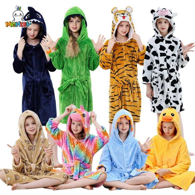 MICHLEY Cartoon Dinosaur Flannel Kids Bathrobe Bath Robe Pajamas Robe Children Hooded Sleepwear Clothes For Girls Boys 3Y-13Y