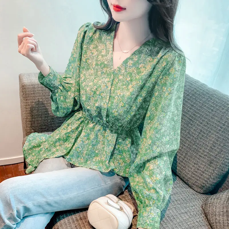 

Vintage Printed Shirring Irregular Floral Blouses Women Clothing 2024 Spring New All-match Tops Office Lady Asymmetrical Shirts