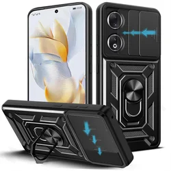 Armor Shockproof Phone Case with Magnetic 360 - Degree Ring Holder and Slide Lens Cover for Honor X9A (Black)