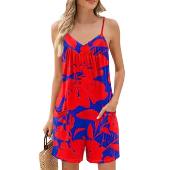Summer Beautiful Colourful Floral Printing Daily Streetwear Playsuit Fashionable Casual Sleeveless Jumpsuit Shorts With Pockets 2
