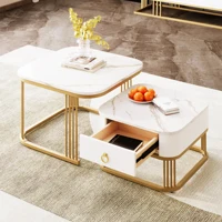 Anajqaqia Ensemble de table basse empilable 2 pièces, finition marbre brillant, table d'appoint avec 1 tiroir de rangement et cadre en métal doré 2