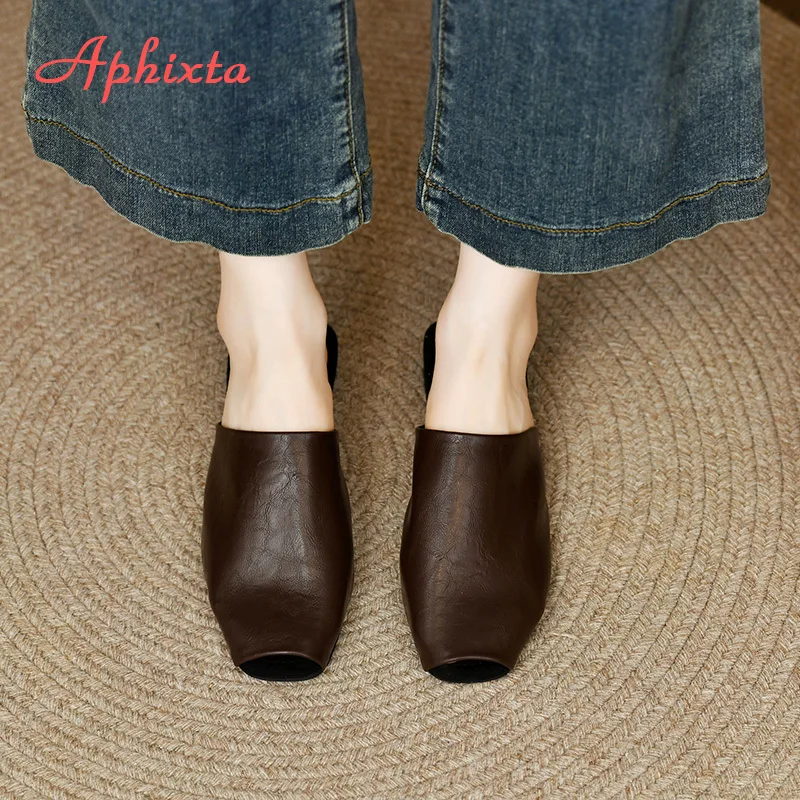 Aphixta Peep Toe Flat With Mules Sandals Black Concise Flip Flops Slip On Summer Outings Woman Shoes Big Size 42 Women's Mules
