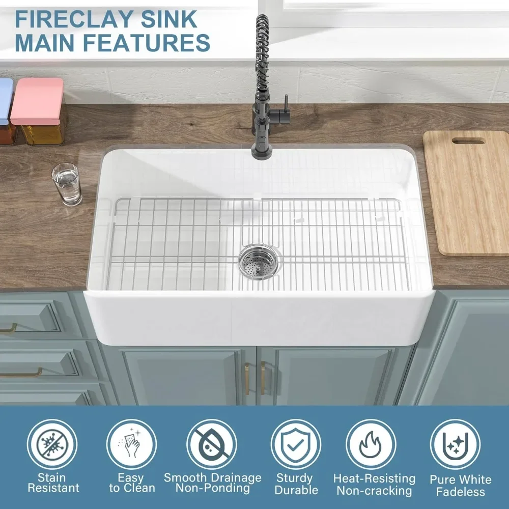 NEW-White Farmhouse Sink 33 x 18 Inch, Firecaly Apron Front Farm Sink, Heavy Duty, Large Capacity Single Bowl, with Accessories