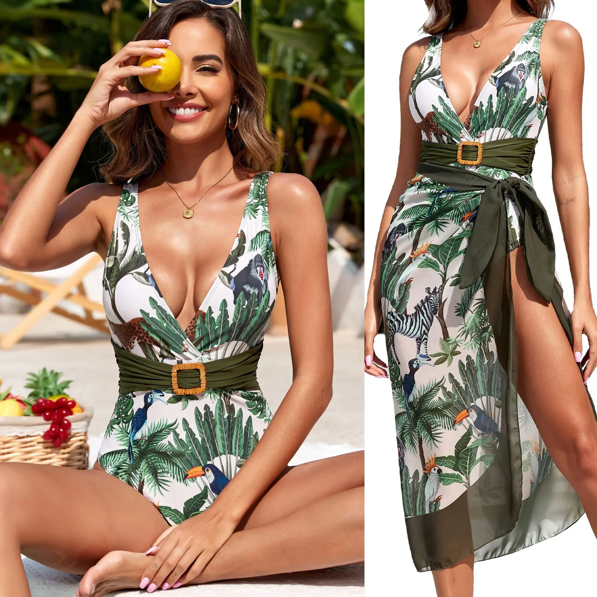 

Brazilian Luxury Outing Women Plus Size Cover-Ups FullSwimsuit Swimwear Women One-piece With Skirt Beach Clothes Beach Tunic