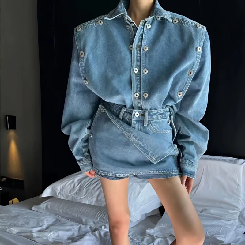 

Vintage Denim Jacket Skirt Set Korean Fashion Y2k Denim Set BF Style High Street Short Skirt Denim Coat Suit Women Streetwear