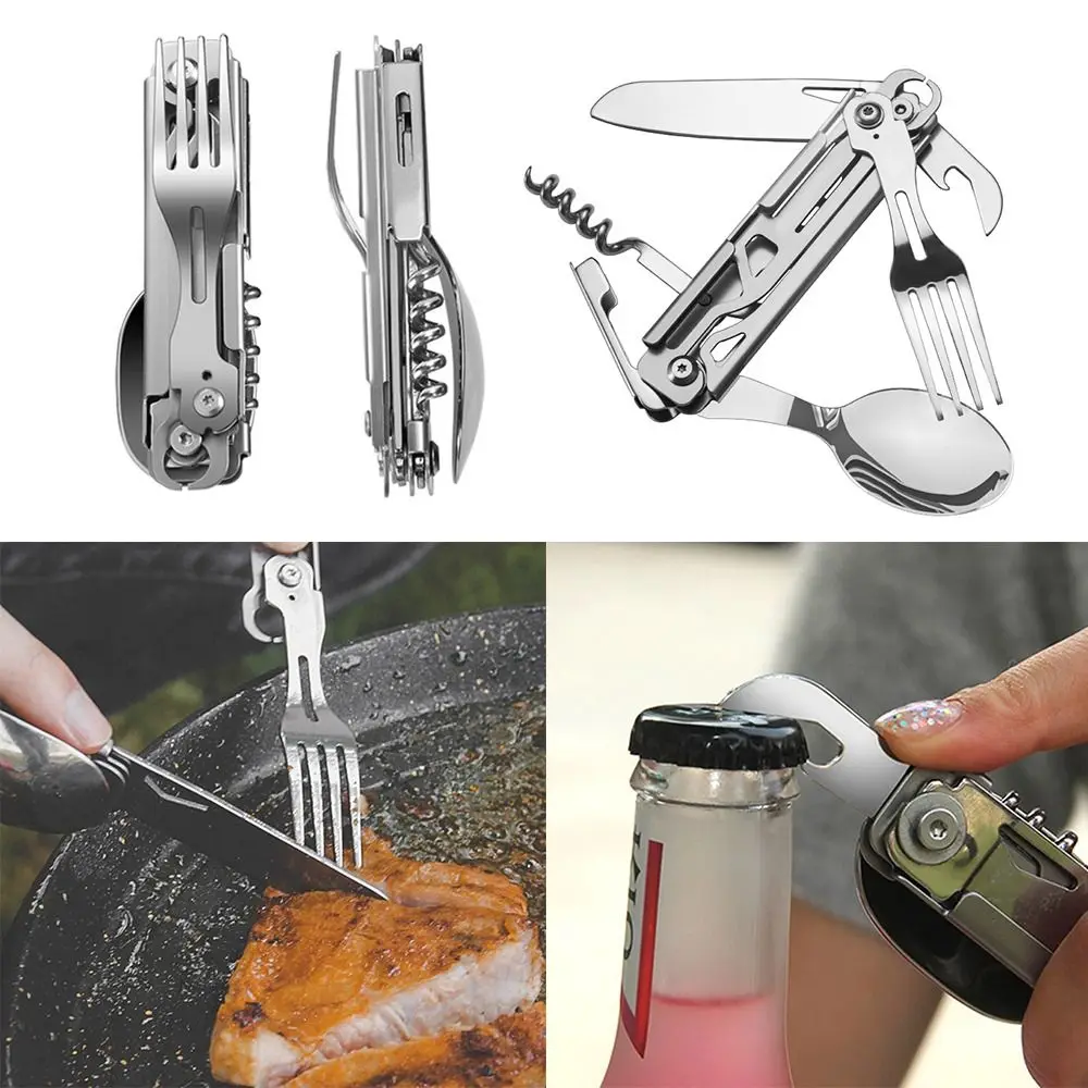 

Portable Outdoor Multifunctional Camping Utensils Stainless Steel Dinnerware Set Cutlery Spoon Fork Tableware