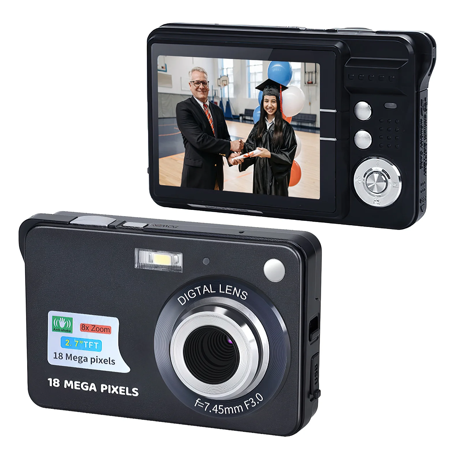 Portable Digital Camera 720P Video Camcorder 18MP Photo 8X Zoom Anti-shake 2.7 Inch Large TFT Screen USB Charge with Carry Bag