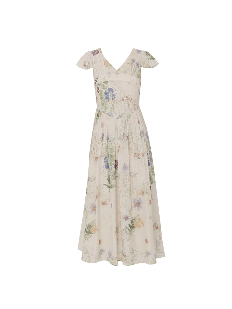 

V-neck Skirt Summer Casual Mid-Length Vacation Style Spaghetti-Strap Floral Print Dress