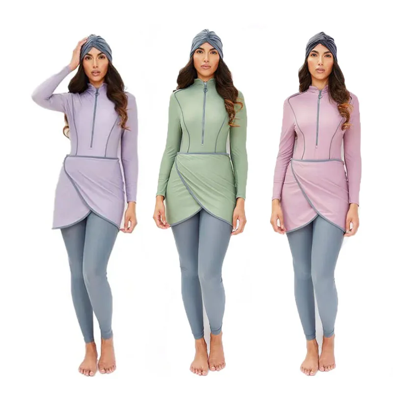 

3PCS Muslim Swimwear Women Long Sleeve Swimsuit Muslimah Swimming Burkini Turban Pants maillots de bains musulmans maillot femme