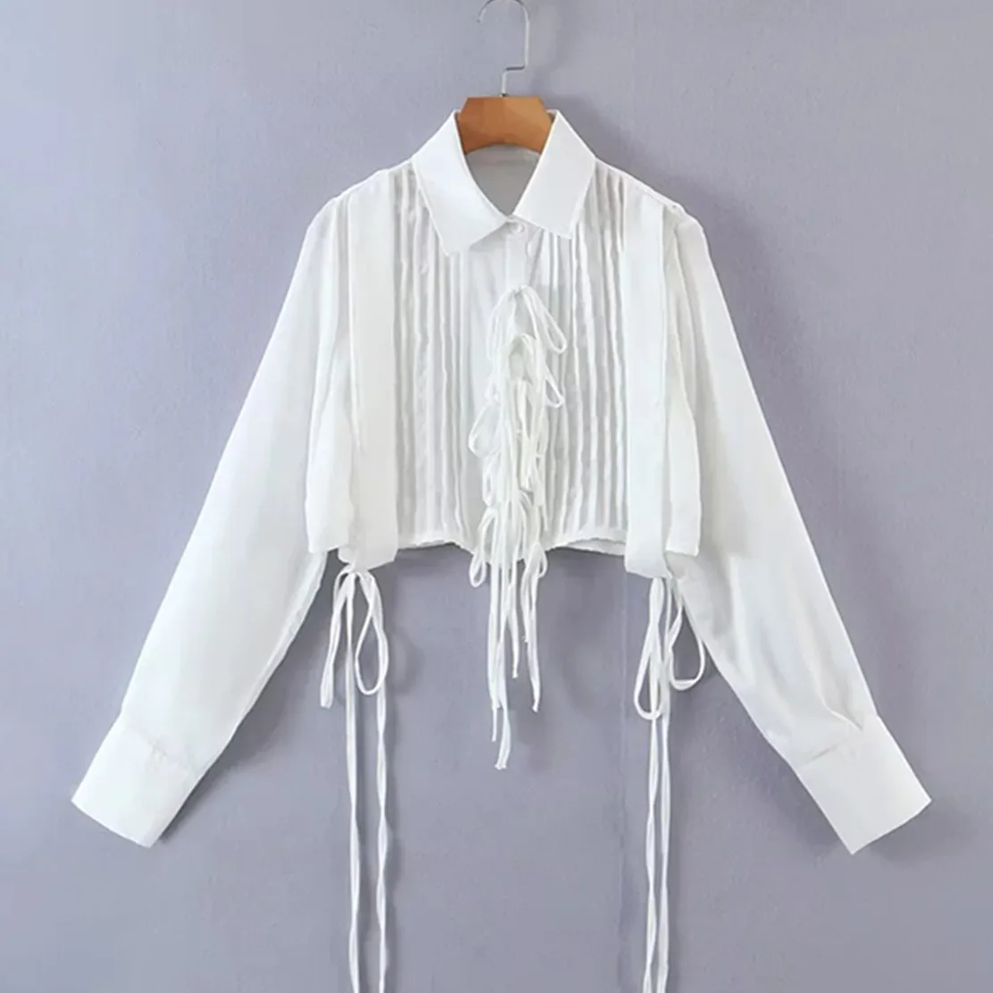 

Dave&Di Blogger Bandage Pleated White Chiffon Shirt Fashion Blouse Women Ins Fashion Blouse