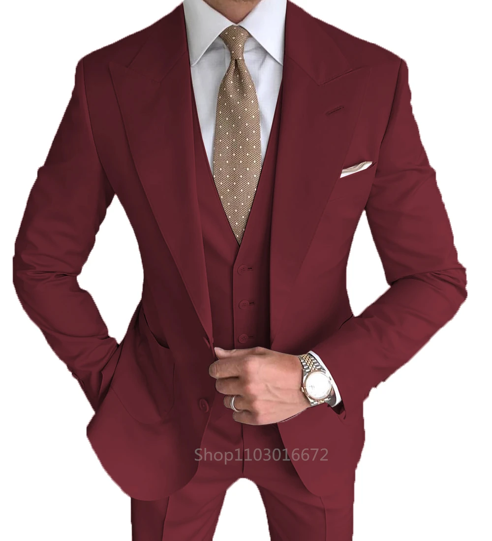 High Quality Formal Solid Wedidng Suits For Men Fashion Slim Fit Peak Lapel Blazer Vest Pants Wedding/Business Groom Tuxedos