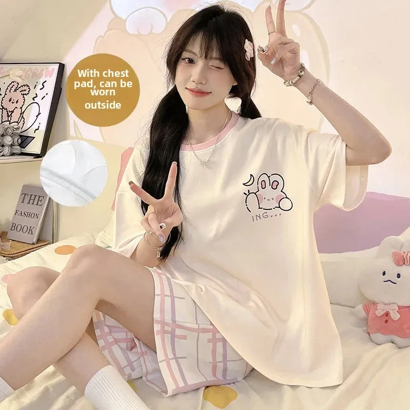 ملابس نوم نسائية صيفية رفيعة من القطن بأكمام قصيرة، مجموعة ملابس منزلية من القطن الخالص قابلة للتنفس، ثوب نوم مريح