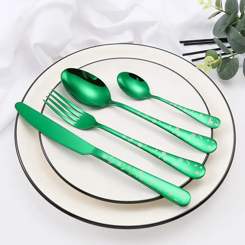 4pcs/set Christmas Flatware Set Stainless Steel Red Green Dinnerware Knife Fork Spoon Cutlery Dishwasher Safe