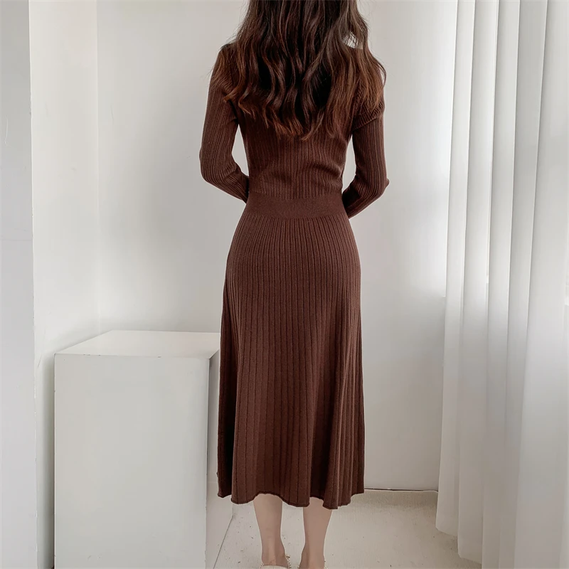 Vestidos de punto de otoño e invierno para mujer, cuello vuelto, moda coreana, corte en A, vestido liso informal, vestidos ajustados para mujer, nuevo