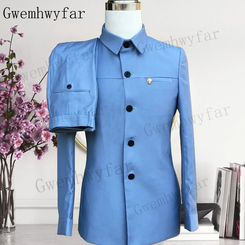 Men Gwenhwyfar Champange Spring Summer Fashion Casual Standing Collar Suit Jacket Pants Wedding Party