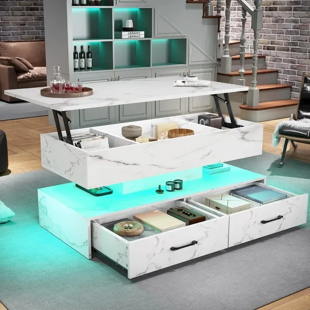 40 Inch Lift Coffee Table, Living Room Coffee Table with Storage, Small Coffee Table with 2 Drawers and LED Light