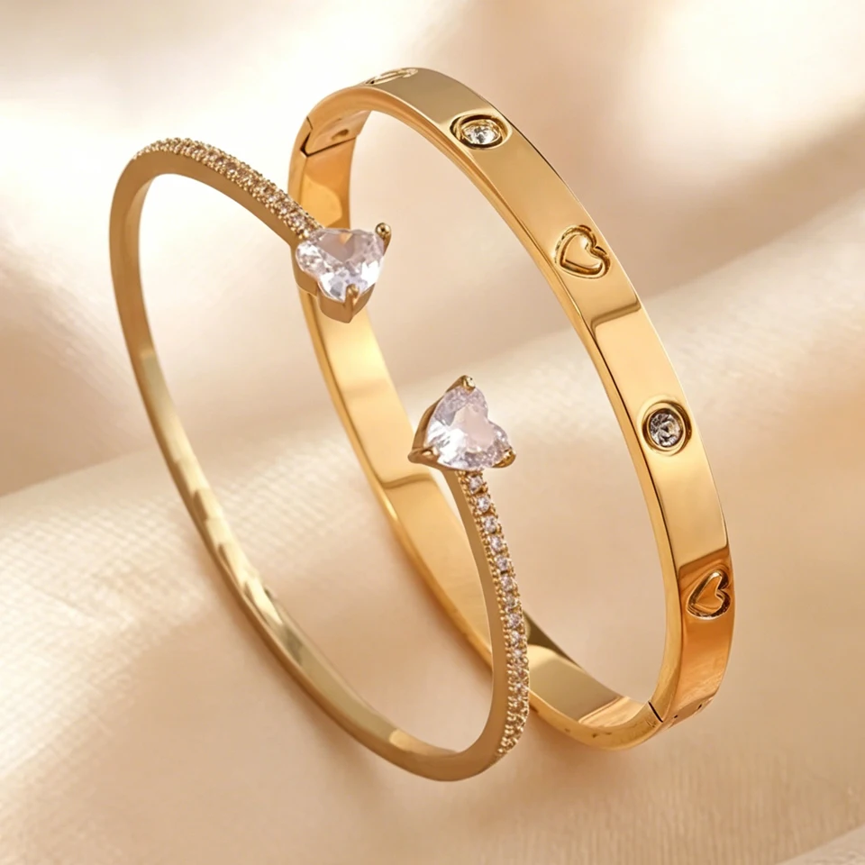 Yupsk 2/1pcs Simple Fashion Double Heart Zirconia Cuff Bracelet for Women Sparkling Zircon Open Bangles Exquisite Jewelry Gift 1