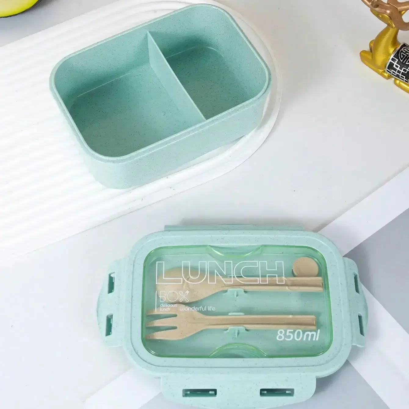 1pc-Solid color square cutlery box-with Tableware,Leakproof Square Divided Microwave Safe Lunch Container for Office School,