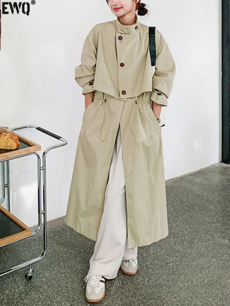 

[EWQ] Korean Style Drawstring loose Waistband Trench Coat Elegant All Match Long Apricot jacket Women 2024 Spring Autumn 16U8047