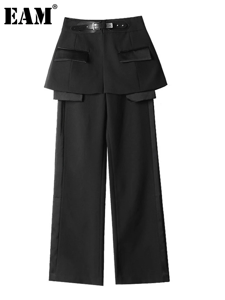 

[EAM] 2024 New Spring Autumn High Waist Black Belt Split Joint Personality Loose Pants Women Trousers Fashion Tide JQ781