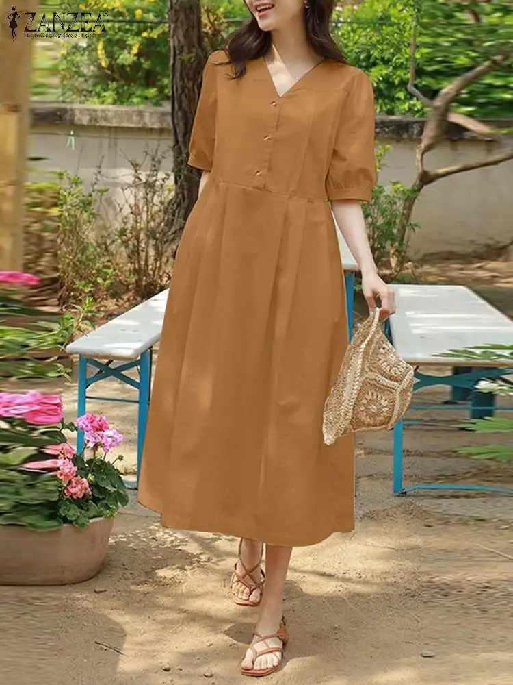 

ZANZEA Oversize Beach Dress Women Fashion Solid Maxi Dresses Vintage V-neck Button Robe 2023 Summer Casual Short Sleeve Vestidos