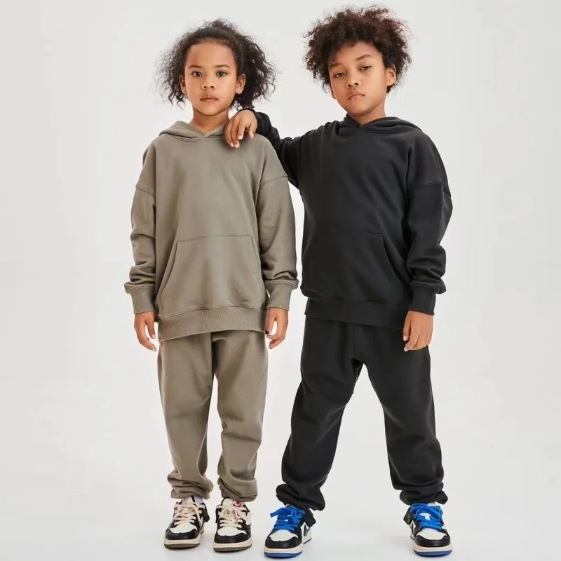 Kids Girls Boys Tracksuits Contrast Panel Black Hooded Top Bottom