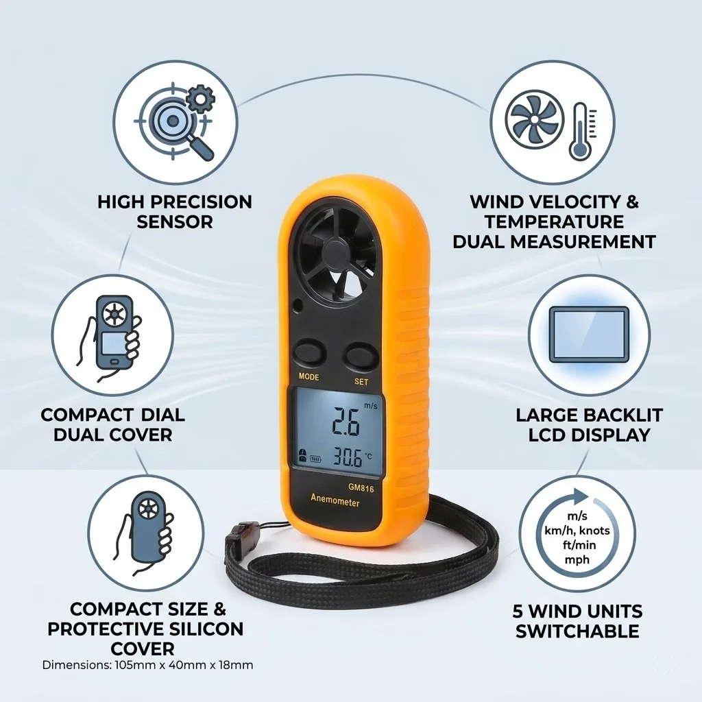 미니 풍속계 디지털 풍속계 0-30m/s 풍속 풍량 -10 ° C 45 ° LCD 백라이트 끈이 있는 C 온도 측정기
