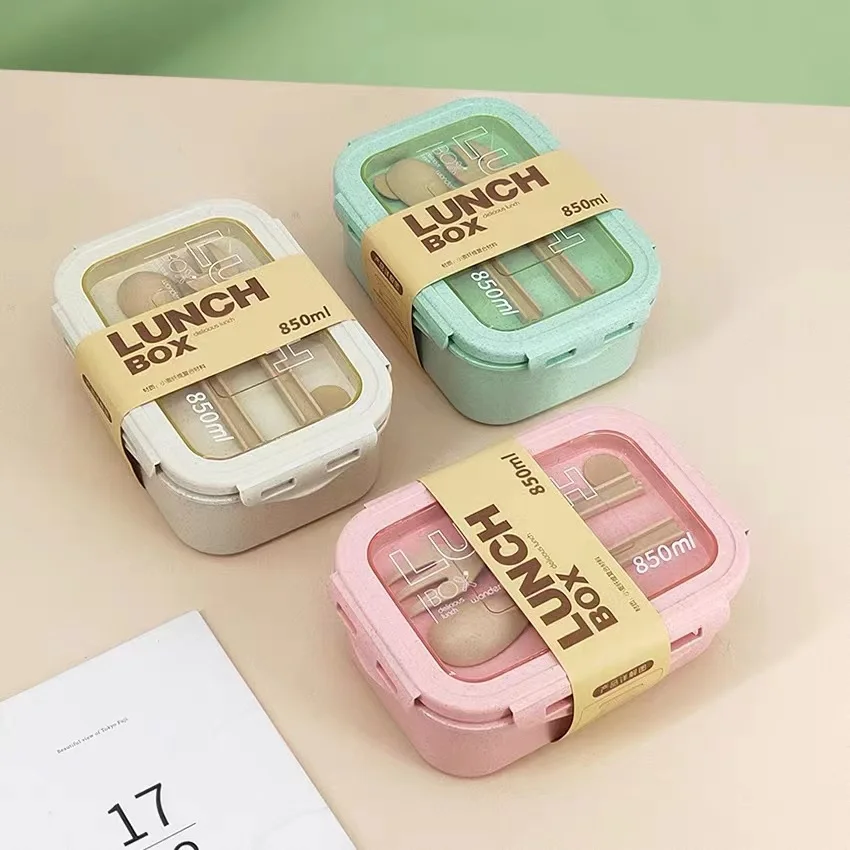 1000ml Cute Wheat Straw Lunch Box With Sticker For Kids School Adults  Office Microwave Picnic Portable Bento Box With Spoon Fork