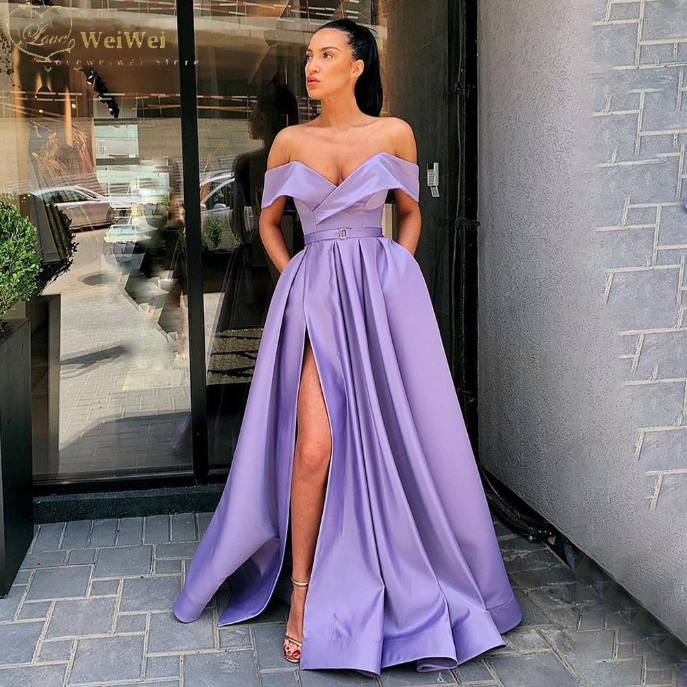 Off Shoulder Satin Evening Dress Long Sexy Party Dresses Elegant High ...
