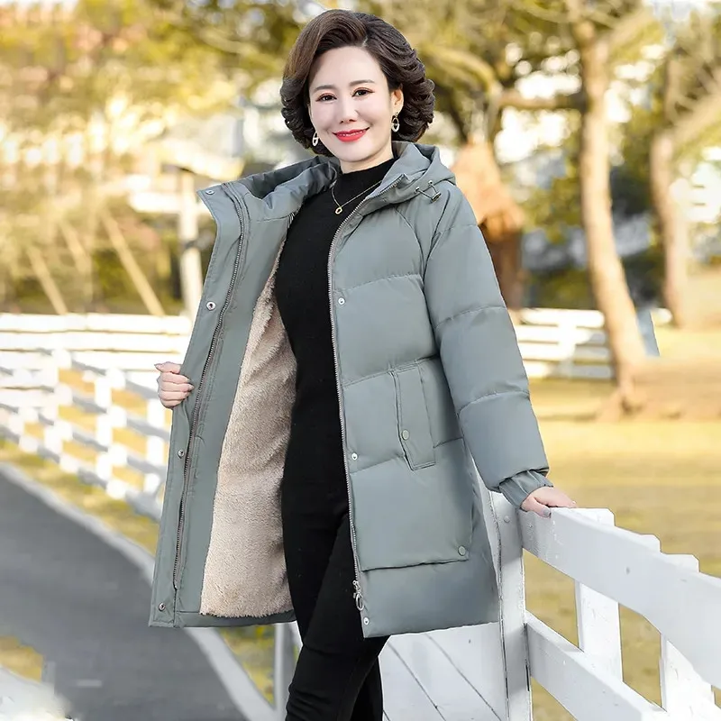 

New Winter Parkas Mid-Length Down Padded Jacket Women Middle-Aged Mom Hooded Thick Warm Cotton Coat Female Loose Overcoat G2923