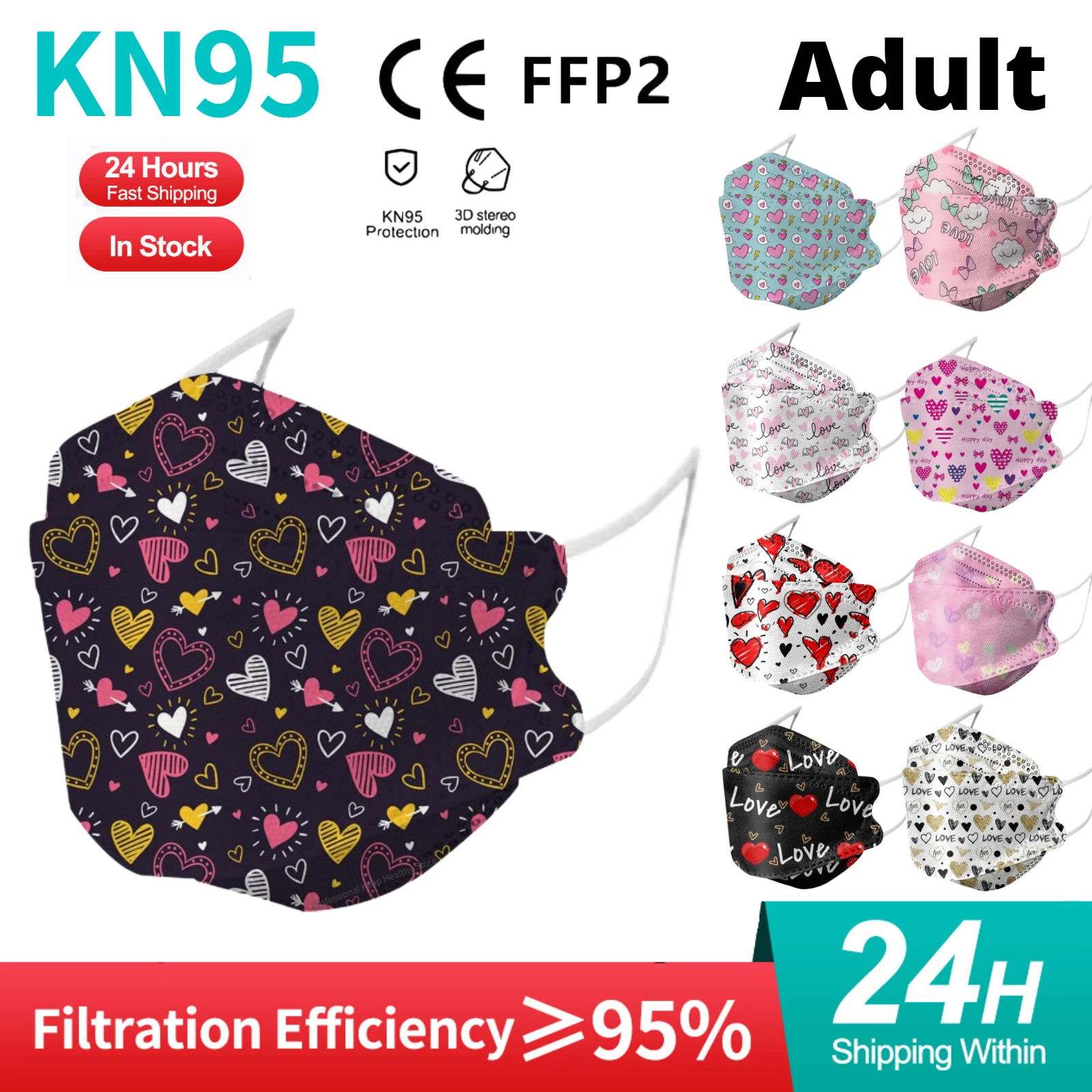 Ffp2mask маска для взрослых с принтом черного сердца kn95mask женщин и пар гигиенические