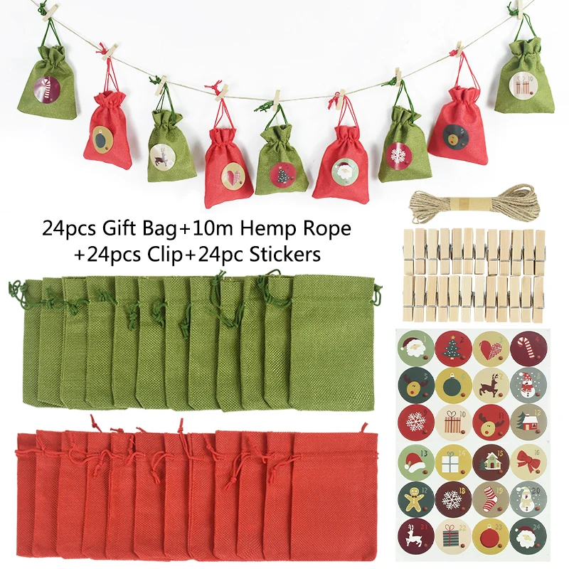 

24Days Christmas Advent Calendar Gift Bag With Tag Sealing Sticker Navidad Natel Xmas New Year Ornaments Kids Gift Packaging