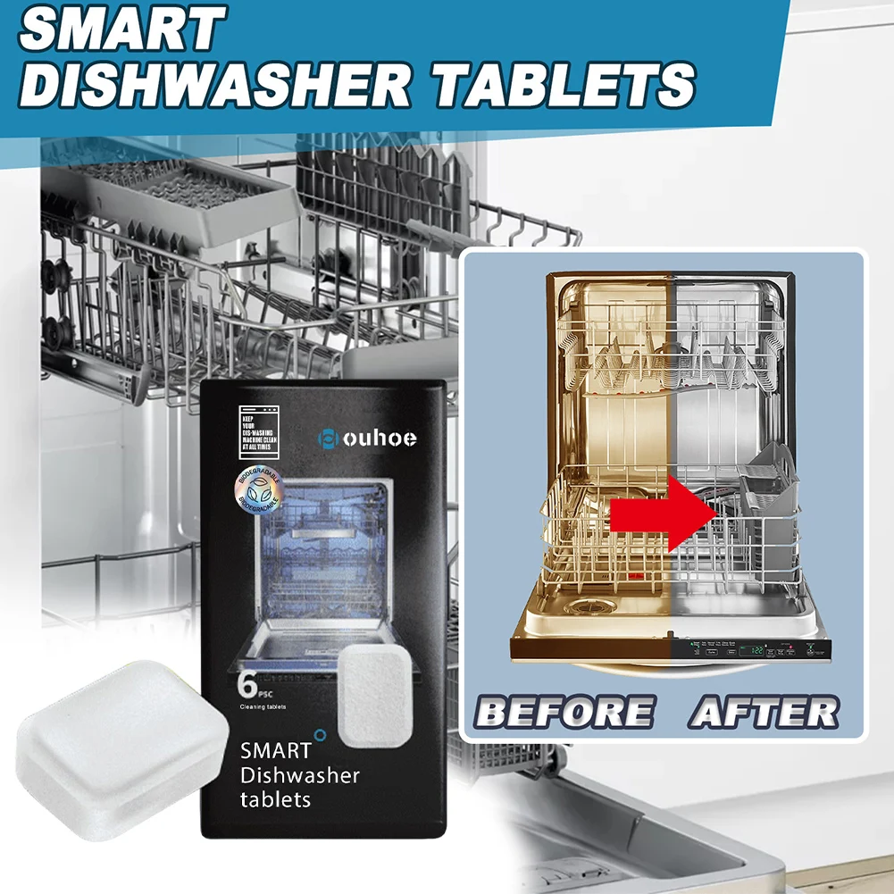 6pcs/box Deodorizer Tablets Remove Limescale Build Up and Odor Descaling Detergent Deep Cleaning for Dishwasher Washing Machine