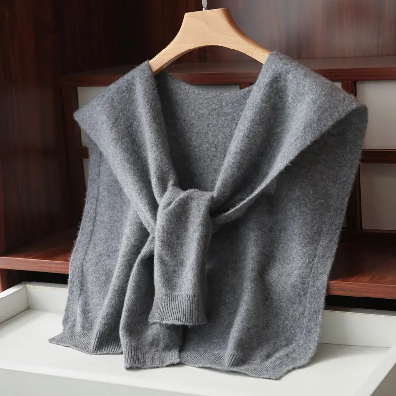 Spring and Autumn 100% Pure Wool Knitted Small Shawl Female Knotted Sweater Scarf Shoulder Neck Protection Cashmere Bib Dual-Use