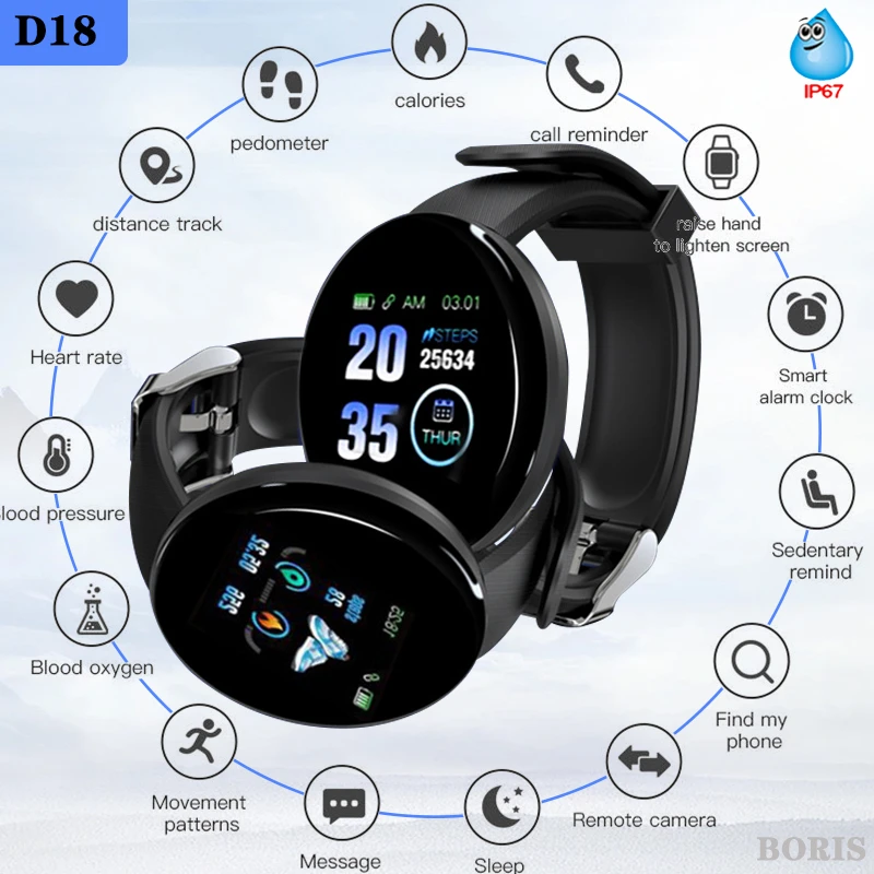 D18 Bluetooth Smart Watch Men Women Sport Pedometer Heart Rate
