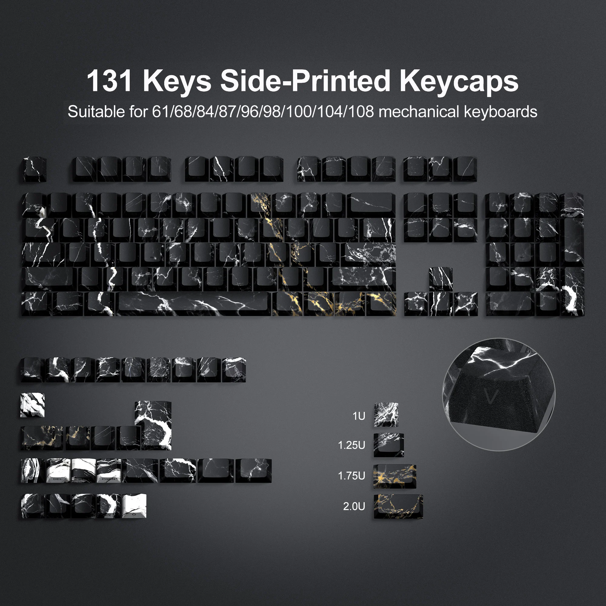 Black Marble Side Print Teclado Mecânico Pbt Keycap Retroiluminado Rgb Perfil Cereja mx Gamer Side Dye-sub 131 Chaves - Imagem 5