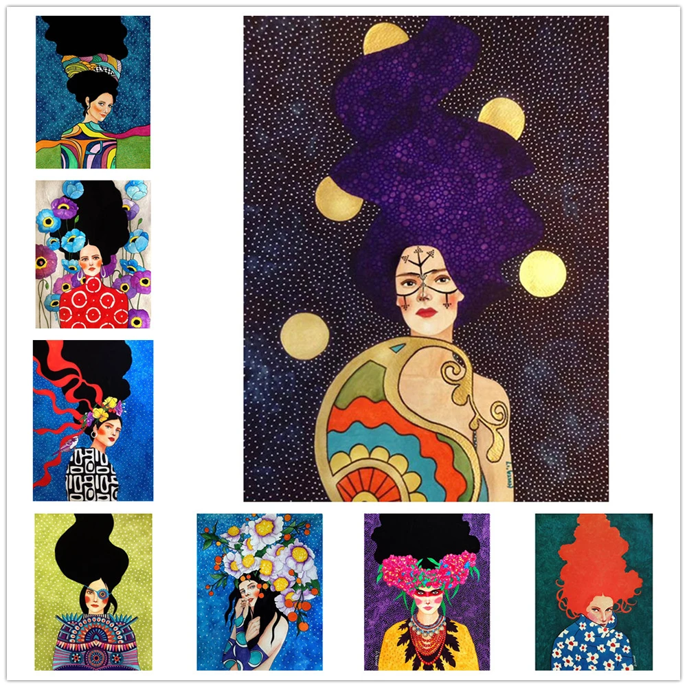 Vintage Colorful Girl Hair Wall Art Canvas Painting Flowers Bird Nordic Poster Prints Wall Art Pictures Decor For Living Room