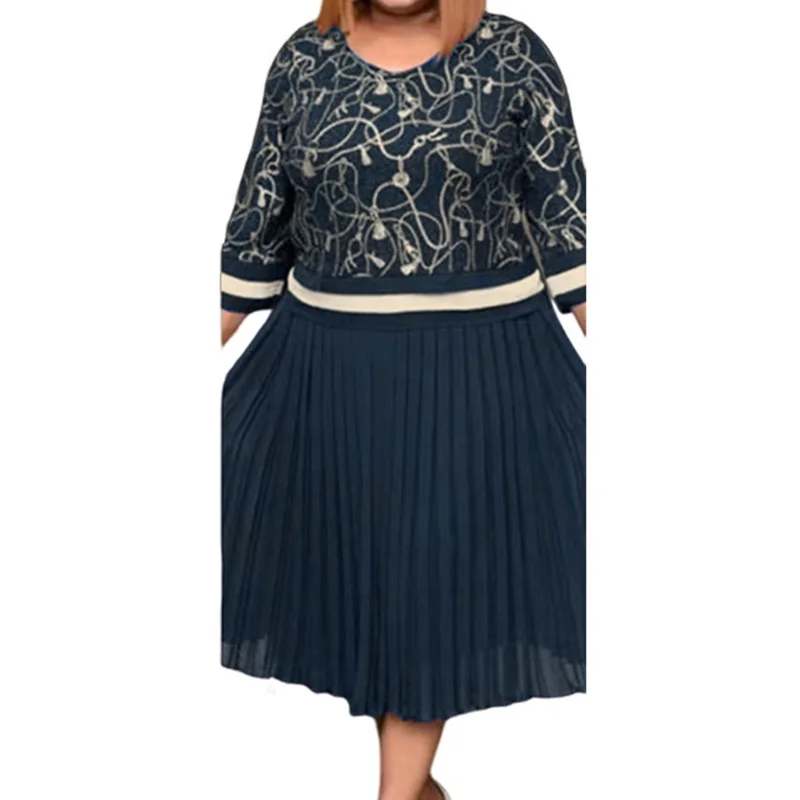 Streetwear Chiffon Round Neck Pleated Skirt Fashion Spring Autumn Plus Size Clothes Print Three Quarter Sleeve Loose Mid Dress