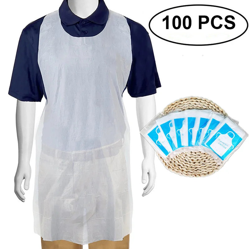 100PCS Disposable Kitchen Aprons Plastic Waterproof Apron Individually Packing Gowns for Men Women Kitchen Protection Accessorie