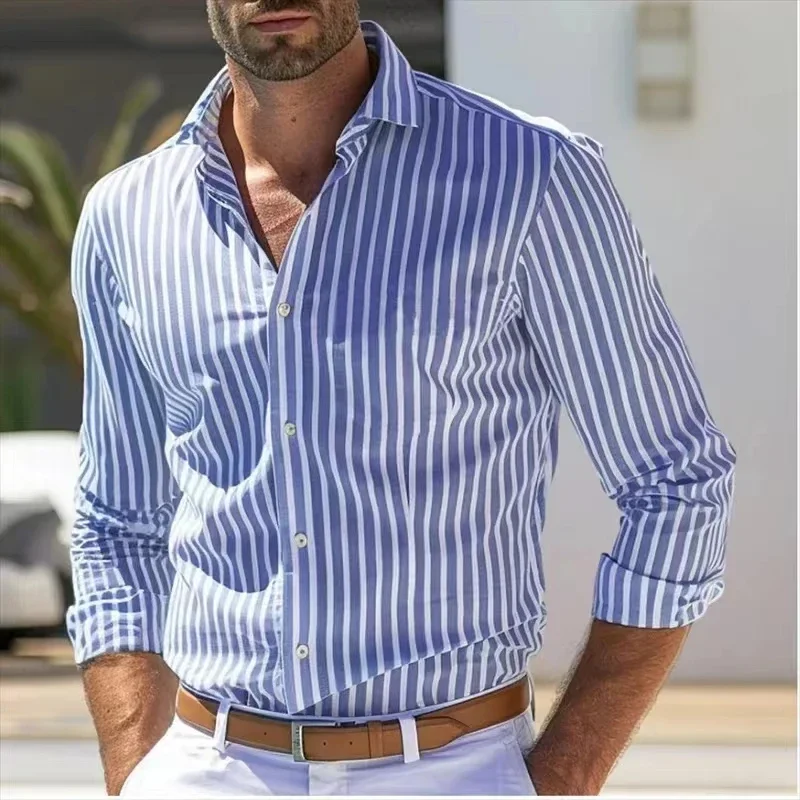 Men's Shirt 23-Style Striped Shirt Long-Sleeved Holiday Destination Buttons, Fashion Casual Comfort XS-6XL Fast Transportation