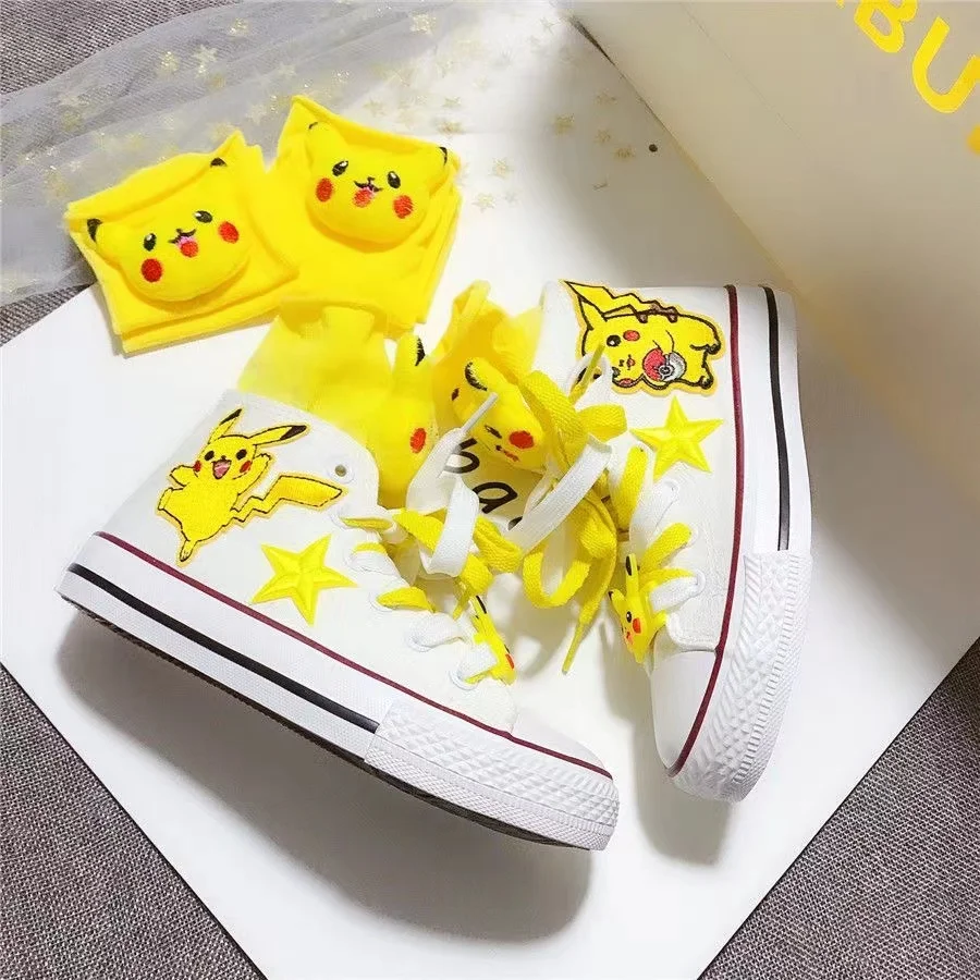 Spring Autumn New Pikachu branded High Top Canvas Shoes Parent Child Shoes Small Large Children's Korean Embroidered Board Shoes