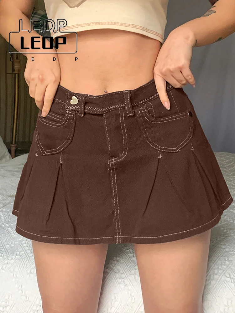 LEDP Vintage Grunge Preppy Style Low Waist Denim Pleated Shorts Skirts