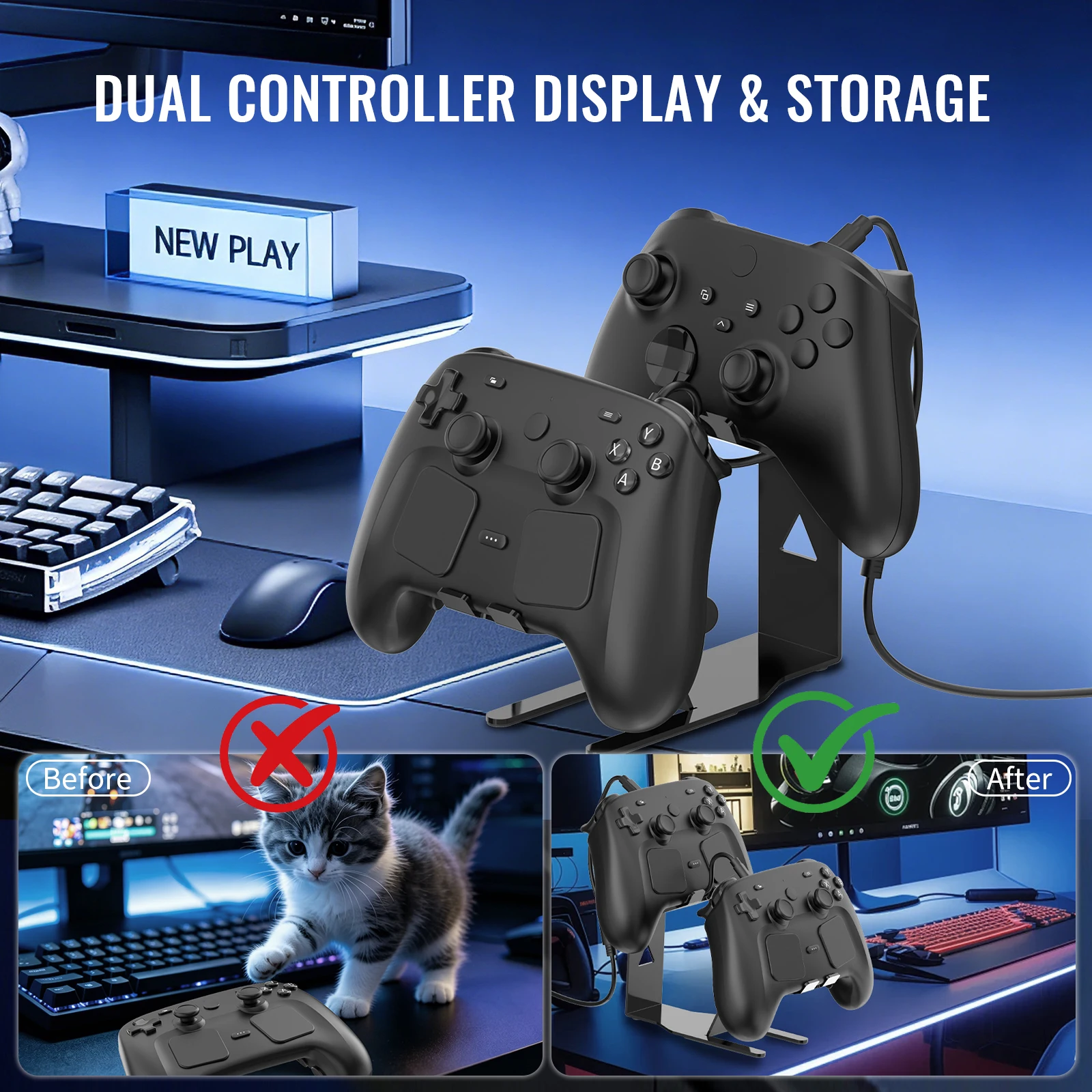 스팀 컨트롤러 2, PS5/4, Xbox, 스위치용 메탈 데스크탑 스탠드, 마그네틱 충전 케이블 세트 포함 게임패드 2개 거치 가능