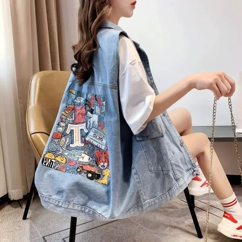 여성용 한국 패션 단추 블루 데님 조끼 가디건, 용수철 가을 그래픽 코트 셔츠, 빈티지 의류 스트리트웨어