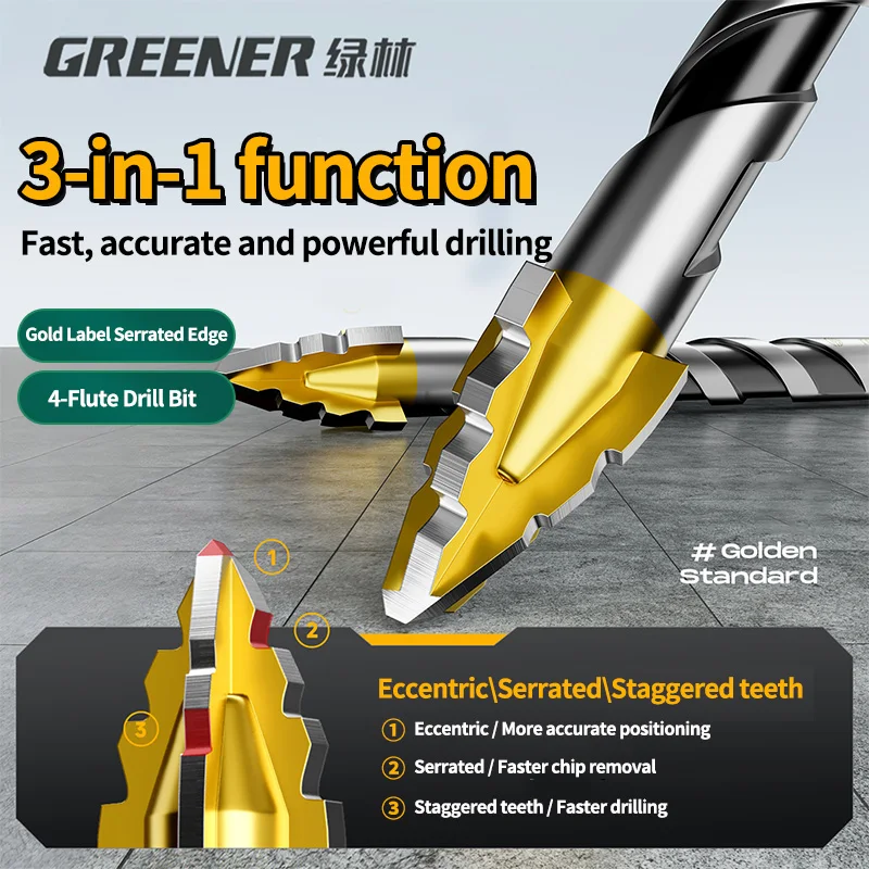 GREENERY 6-12mm 4면 톱니형 편심 드릴 비트 타일 유리 세라믹 콘크리트 대리석 금속 건식 드릴링용 초강력 드릴 비트