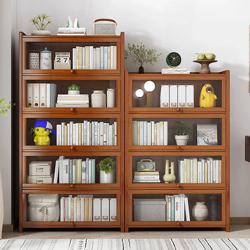Simple Retro Bookshelf with Door Japanese Bamboo Bookcases Modern Home Furniture Office Desk Organizer Multi-layer Storage Shelf