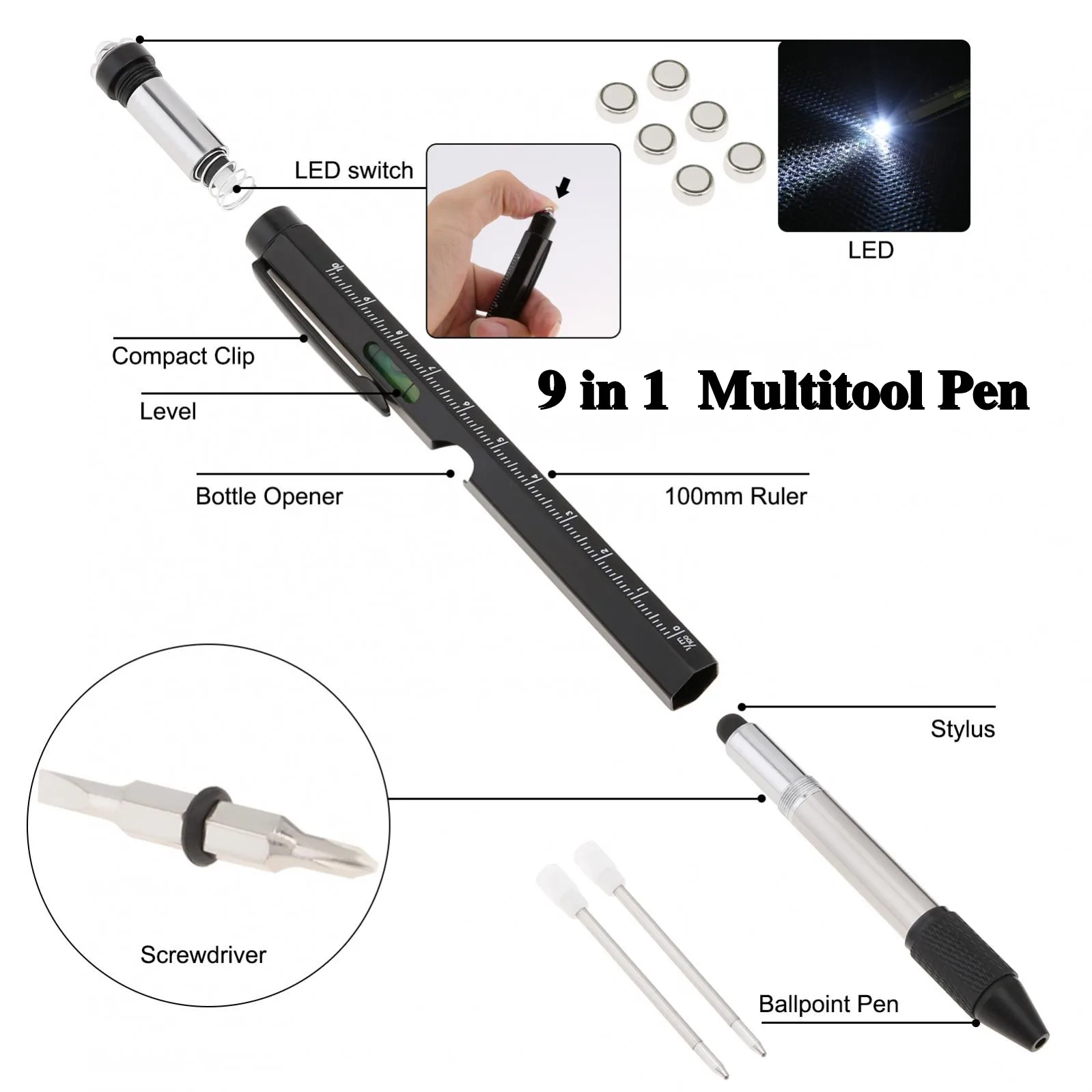 PRYZALO 9 In 1 Multitool Pen Set, 2 PCS, Men's Stocking Stuffers, LED Light, Touchscreen Stylus, Ruler, Level, Bottle Opener, Phillips & Flathead Screwdriver, Aluminum Handle