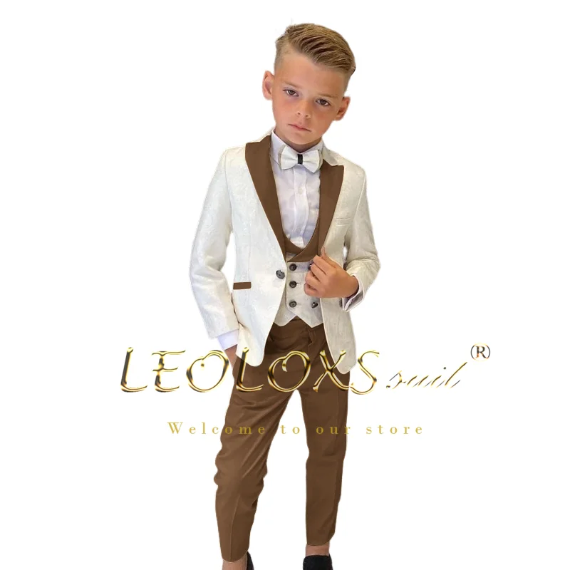 Boys' Floral Jacquard Wedding Tuxedo 3 Piece Set Double Breasted Vest Blazer and Trousers Children's Suit Set boys formal suit set