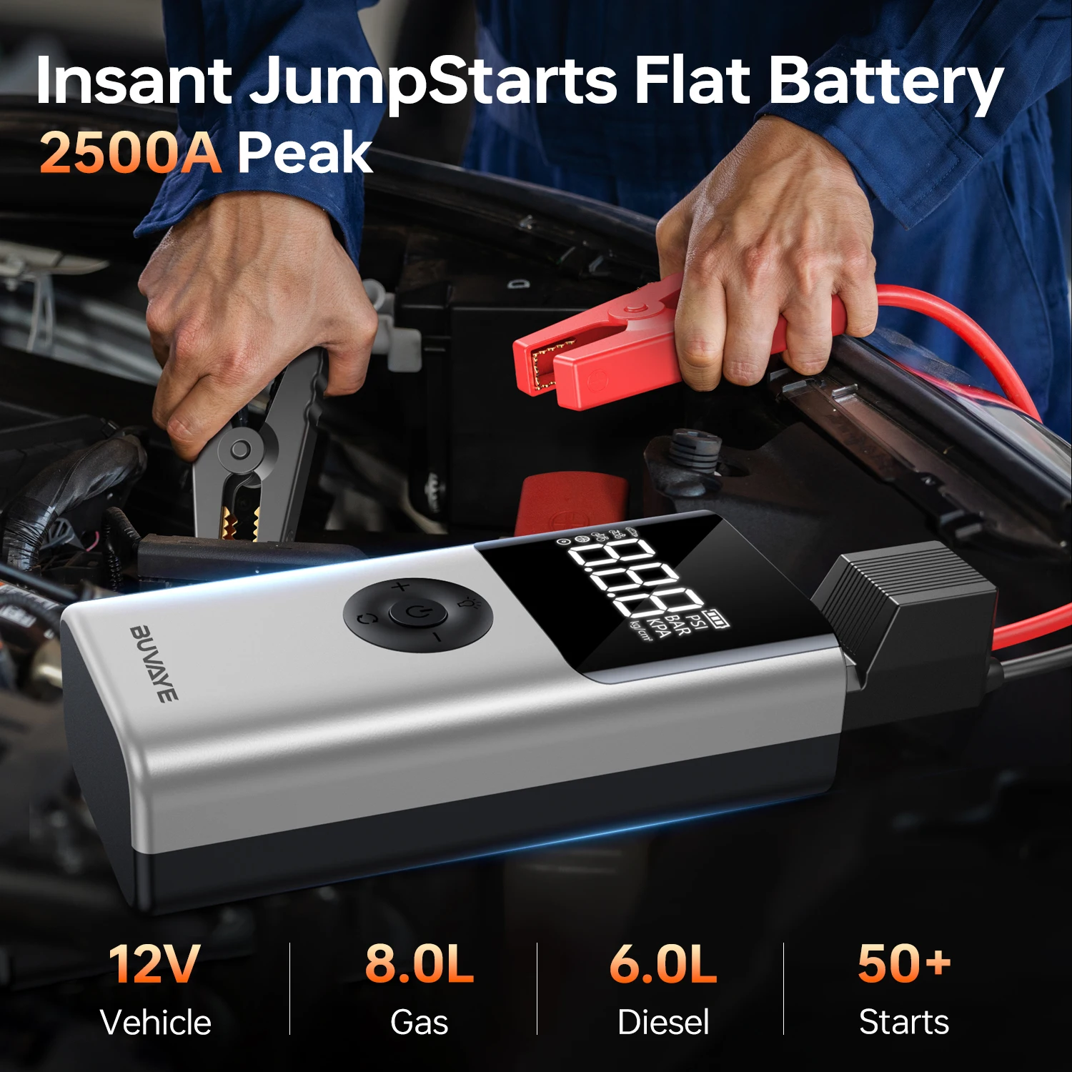 BUVAYE 2500A Car Jump Starter Power Bank Portable 150PSI Air Pump 12V Battery Booster for 8.0L Gasoline and 6.0L Diesel Engines