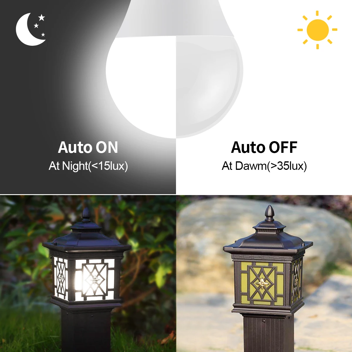 Smart LED Light Sensor Bulb with Dusk to Dawn Auto ON/OFF Switch, 15W